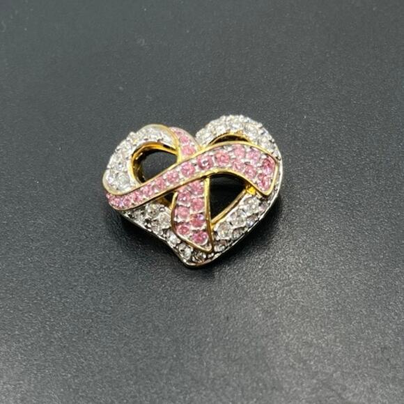 Swarovski Signed SWAN Goldtone Crystals Breast Cancer Ribbon Hope & Heart Brooch - Picture 1 of 6